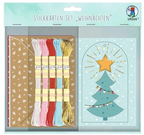 Ursus 3080099F - Stickkarten Set, Weihnachten, Grußkarten A6, zum Besticken von 8 weihnachtlichen Grußkarten 250 g/m², mit 8 Briefumschlägen, 5 Docken Stickgarn und einer Sticknadel