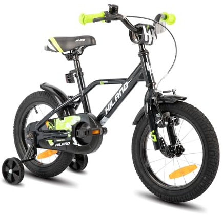 HILAND 12 Zoll Kinderfahrrad für Jungen 3 4 5 Jahre mit Stützrädern, Handbremse und Rücktrittbremse Schwarz/Grün