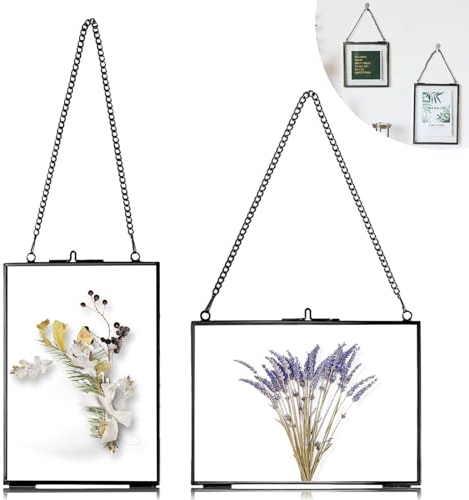 HOMURY Lot de 2 cadres photo suspendus en verre et métal, cadres photo transparents des deux côtés pour photos de fleurs pressées (noir, 13 x 18 cm, rectangulaire)