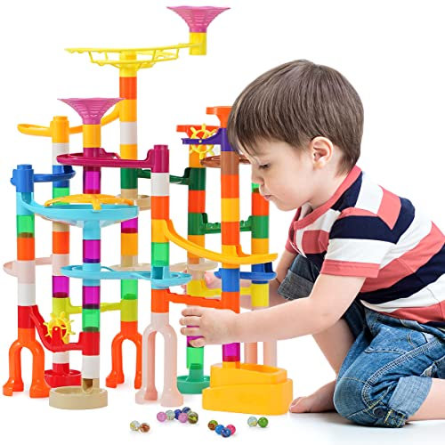 Murmelbahn Kinderspiel - 166PCS Mehrfarbige Kugelbahn Marble Run Set mit Spannende Bahnelementen und Glasmurmeln, kinderspiel Geschenk für Kinder Mädchen Jungen 3-12 Jahren