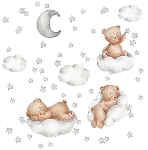 Pegatina de Pared de Oso en Las Nubes Pegatinas de Pared Pegatinas Infantiles Pared HabitacióN Infantil Adhesivos Con Osos, Nubes, Estrellas y Luna Ideal Para Habitaciones de BebéS