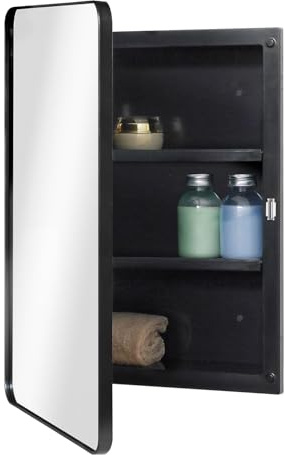 Fundin Black Plastic Mirror Cabinet with Round Corner Framed Door, Recessed and Surface Mount, 40 x 56 cm