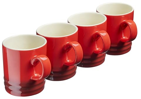 Cooks Professional 4 Piece Colourful Stoneware Mug Set | Tea Coffee Hot Chocolate Drinking Cups | Microwave Dishwasher Refrigerator Freezer Safe | 350ml Capacity | Red