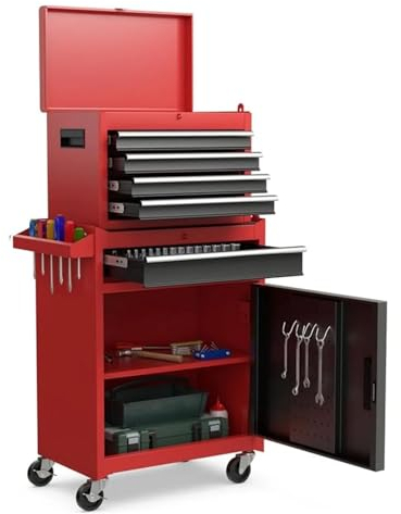 Rollbarer Werkzeugkasten mit 5 Schubladen und Rollen, Werkzeugkasten mit Schubladen, Werkzeugschrank mit hoher Kapazität, tragbarer Werkzeug-Organizer mit Schließsystem und verstellbarem Regal(Color:R