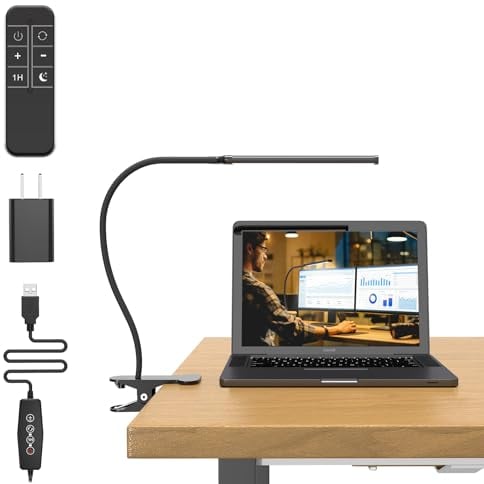 Mojimdo Schreibtischlampe 77 LED mit Fernbedienung [Beeindruckende Lichtleistung] 40CM Klemmlampe, 3 Farben & 5 Helligkeitsstufen, 360° Flexibel mit USB-Ladegerät