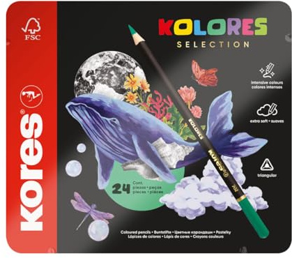 Kores - Kolores Selection - 24 Buntstifte für Erwachsene & Künstler, FSC-Holz mit weicher Mine, Dreiecksform, Premium Kunst- und Hobbybedarf, Set mit 24 verschiedenen Farben im Metalletui