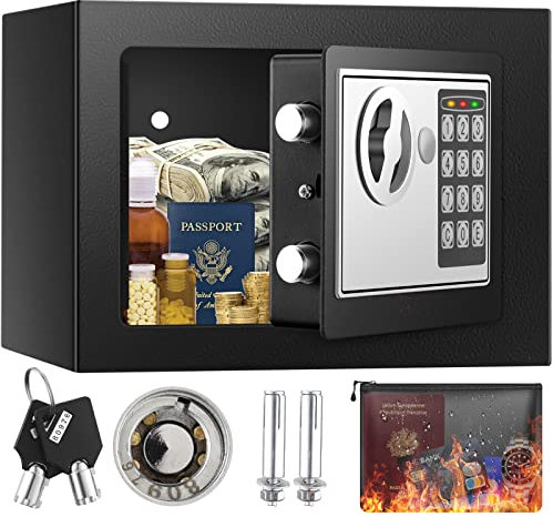Small Electronic Safe Box with Fireproof Money Bag, Cabinet Security Safe with Digital Keypad and Keys, Hidden Personal Safe for Money, Cash, Jewelry, ID Documents, Medication