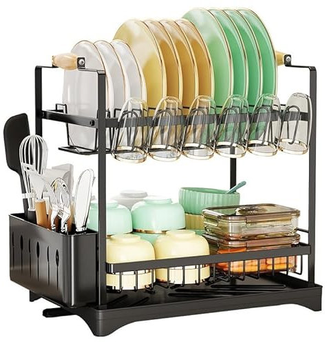 Escurridor de platos con bandeja de goteo, escurridor de platos ajustable, escurridor de platos plegable con soporte for cubiertos extraíble, pico de drenaje giratorio, soporte for utensilios y tablas