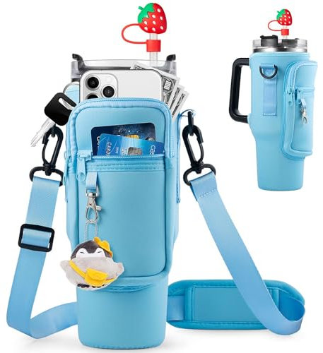 GmwyCzV Porta Bottiglia d'Acqua per Stanley Cup da 40 oz, Borsa Stanley Cup con Tracolla e Tasca per Telefono, Multifunzionale Borsa Porta Bottiglia d'Acqua per Stanley, Stanley Cup Accessorio (Blu)