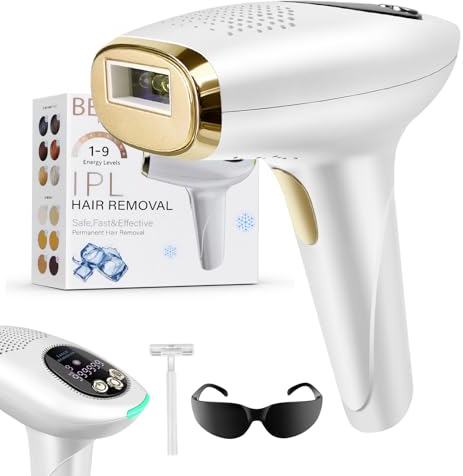 Haar Laser Entfernung Haarentfernungsgerät, IPL Geräte Haarentfernung mit Eisfunktionen, IPL Brille, 999,999 Lichtimpulse, 9 Energiestufen, 3 Funktionen HR/SC/RA, Touchscreen