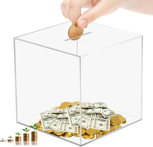 SUNJULY 15x15CM Clear Acrylic Money Box,Glass Unbreakable Bank Transparent, Saving Piggy Box Acrylic Money Saving Box For Adults Or Kids (5.9”x5.9”)