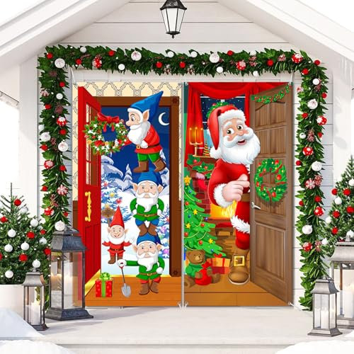 JSTHHTT 2 Stück Weihnachten Tür Abdeckung Dekoration, Weihnachtsmann Hängen Banner Hintergrund, für Haus Haustür Veranda Weihnachten Deko(90x 185cm)