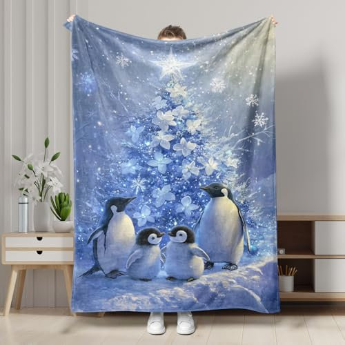 Manta de forro polar con diseño de pingüino para vacaciones de invierno, manta decorativa de árbol de Navidad azul nevado, manta suave y acogedora para sofá, cama, todas las estaciones, 60 x 80