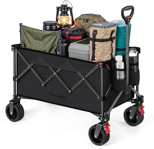 SONGMICS Handwagen faltbar, Bollerwagen, 150 L, bis 150 kg belastbar, Gartenwagen, Campingwagen mit Griff, 4 abnehmbaren Rollen, platzsparend, Outdoor, Garten, tintenschwarz GFW115B01