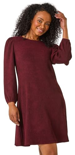 Roman Petite Textured Swing Stretch Dress for Women UK - Ladies Everyday Autumn Winter Round Neckline Comfy Soft Evening Vacation Work Party Night Out - Petite Wine - Size 18