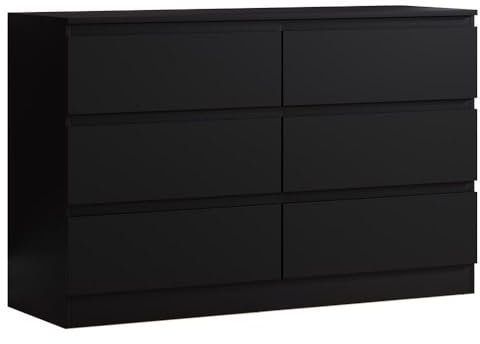FWStyle Modern Bedroom Furniture Chest of Drawers Wide 6 Drawer Chest Matt Black 110cm x 77cm x 40cm