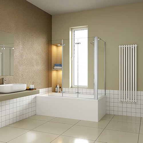 Aica Sanitär Badewannenaufsatz Eck Duschwand Badewanne 3-tlg.Faltwand mit Seitewand 6mm Nano Glas,H140cm,130x60cm,Verchromt Rahmens,Klarglas