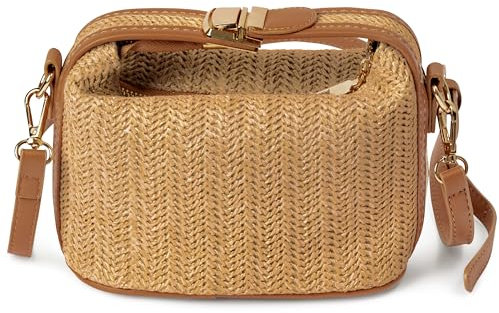 PANTIDE Women's Brown Woven Bag - Summer Straw Cross-Body Tote Bag for Girls Straw Clutch Handbag with Zipper Inner Pocket Adjustable Strap for Travel Work Daily Use Top Handle Shoulder Beach Hobos
