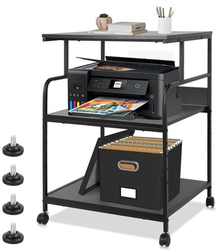 FAHKNS Großer Druckerständer mit verstellbarem Aufbewahrungsregal, 3-stöckiger Druckerwagen mit Rädern, 59,9 x 48 x 74,9 cm, Prin TER Ständer für Heimbüro, Ständer für Hitzepresse, Scanner, Fax
