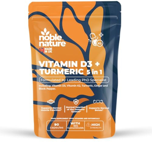 Vitamin D3 4000IU + K2 MK7 100µg with 2000mg Turmeric, Ginger & Black Pepper – High Strength 5-in-1 Formula – 90 Capsules (45 Day Supply) – UK Made Supplement with 95% Curcuminoids (90)