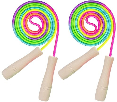 Zyluniy 2pcs corde à sauter enfant, 250cm corde à sauter arc-en-ciel pour enfants Corde à Sauter Réglable avec Poignées en Bois pour Garçon Fille Fitness Training Exercice Activités de Plein