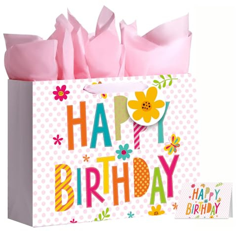 Rosa Geschenktüten, 2 Stück Geschenktüte Geburtstag, Geschenktüten Groß mit 6 Seidenpapier und 2 Grußkarten, Papiertüten mit Henkel, Geschenkbeutel für Geburtstage, Partys, Hochzeiten