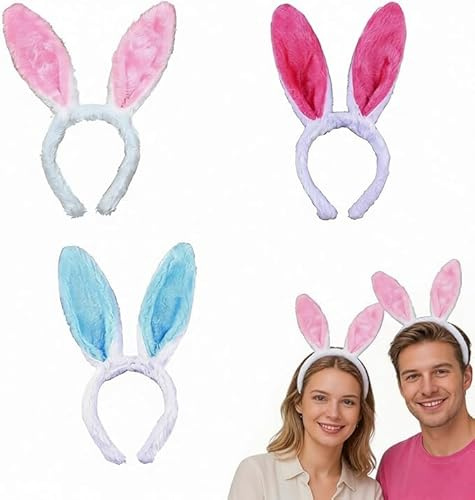 FMPXYYA Stirnband Kaninchenohren 3 Stück – Haarreif mit biegsamen Plüsch-Hasenohren für Erwachsene – 29×12 cm – Rosa Blau Rot – Osterparty Kostüm Zubehör Fotorequisite