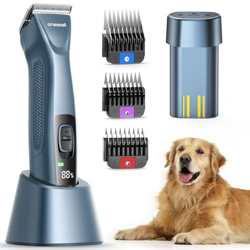 oneisall Cortacésped profesional para perros 2*Batería, recortadora de perros y gatos, 2 velocidades silenciosas para mascotas de pelo grueso, largas, rizado(Azul, 2*Batería)