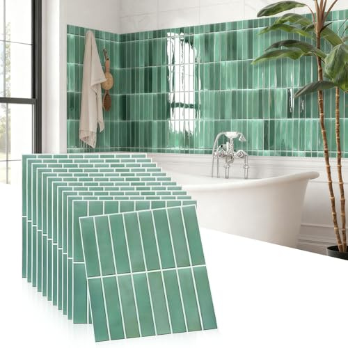 12 Stück Klebefliesen Grün, Fliesenaufkleber Küche Bad Wand, 30× 30 cm Fliesen Wandfliesen Selbstklebend Fliesenfolie, PVC Spritzschutz Küchenrückwand, Einfach Abziehen & Kleben