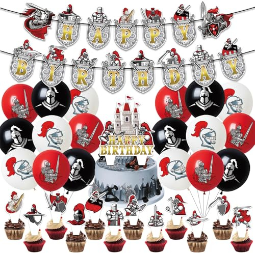 32Stk Mittelalterliche Party Dekoration, Mittelalterliche Ritter Thema Geburtstag Dekoration Artikel, Banner Gas Latex Kugel Big Kuchen Cupcake, Geburtstag Party Artikel