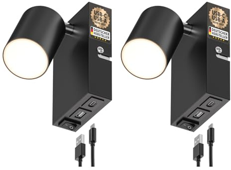 ledscom.de 2x Wandleuchte WAIKA, 1-flammig, schwarz, USB-C, USB-A, inkl. LED GU10 Lampe, 3-Stufen-Dimmer, 500lm, warmweiß