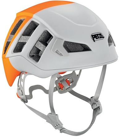 Petzl Meteor Helm S/M 52–59 cm – Leichter Kletterhelm Bergsteigerhelm Polycarbonat EPS Weiß Orange, belüftet mit Stirnlampenhalterung, hoher Schutz A071AC00