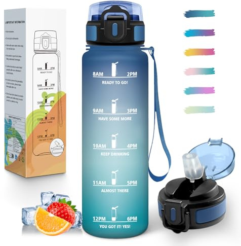 Mulbijeo Gourde 1L, Étanches, Gourde Avec Paille, Réutilisable, Bouteille d'eau, Échelle de Temps et Slogans de Motivation, Bouteille Sport pour Gym, Ecole, Cyclisme, Plein air, Sport