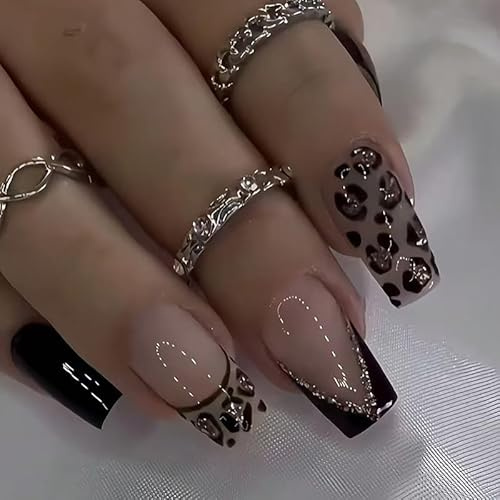 24pcs Short Square False Nails French Tip Press on Nails Black Leopard Print Glitter Gold Stick on Nail Removable Glue-on Fake Nail Art Accessories for Women
