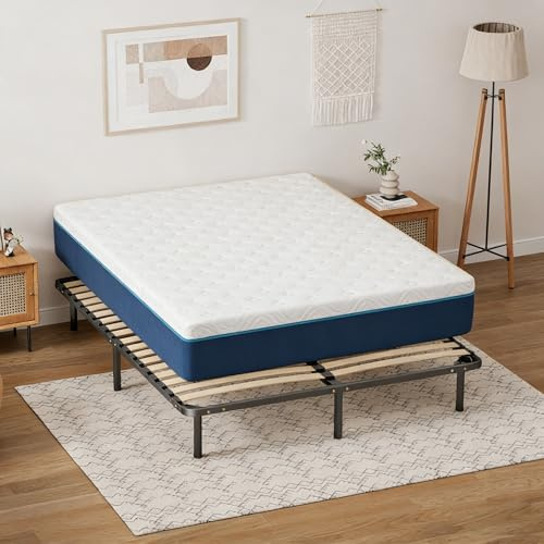DEWINNER Matelas 140x190 en Mousse+Sommier à Lattes sur Pieds-9 Pieds Inclus Lit (140 x 190,20CM), Parfait Soutien Haute Resilience Ultra Respirante, Réversible à Deux Faces entièrement utilisables