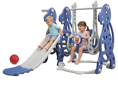 3 en 1 Toboggan Interieur/Exterieur Enfant avec balancoire et Panier de Basket,Parcours motricité bébé Escalade Cadeau Enfant 1+ an