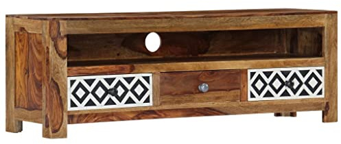 Qnhdfrt Fernsehtisch Lowboard 120x30x40 cm Akazie Massivholz Vintage Weiss Natur 3 Schubladen Offenes Fach Modernes Sideboard für Wohnzimmer Büro