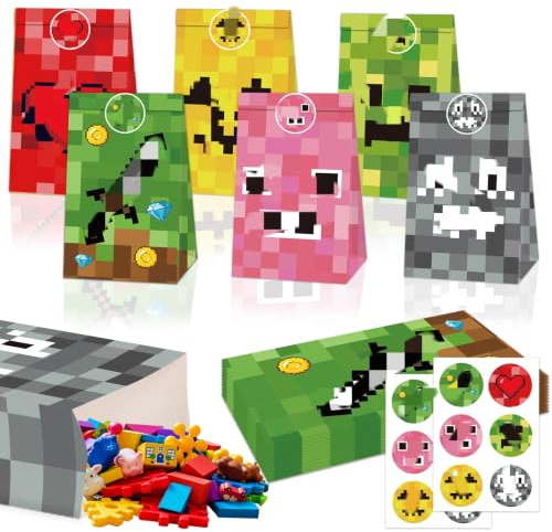 Game Geschenktüten Kindergeburtstag-12 Kleine Geschenktüte Papiertüten mit 12 Cartoon Sticker, Mitgebsel Tüten Party Süßigkeiten Gastgeschenke Geschenktüte Geburtstags Deko für Junge Mädchen Paper Bag