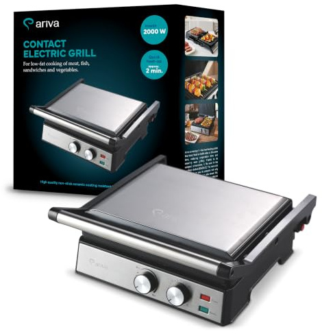 ARIVA Elektro Kontaktgrill 2000W mit Keramikbeschichtung – 2-in-1 Tischgrill 180° aufklappbar, Panini Maker mit Timer & Temperaturregler, Fettauffangschale, Antihaftbeschichtet, Silber