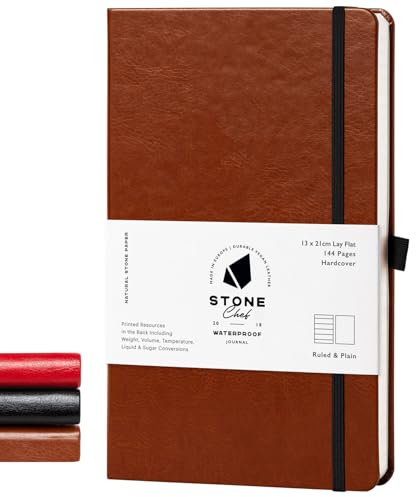 Stone Klassisches A5-Hardcover-Notizbuch (hellbraun) – veganes Leder, wasserdichtes & fettdichtes Kalksteinpapier, Innentasche, Gummibandverschluss