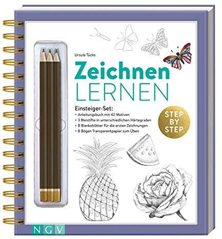 Zeichnen lernen Einsteigerset. Geschenkset für Anfänger: Set mit Anleitungsbuch, 3 Stiften, Transparentpapier und Übungsblättern