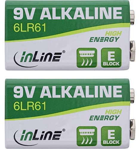 InLine Alkaline High Energy Batterie - 9V Block 6LR61-2er Blister, 01299, Grün/Weiß