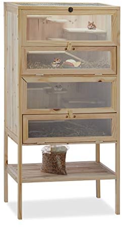Relaxdays Hamsterkäfig aus Holz, 3 Etagen, Klappen, Sichtfenster, Gitterdach, Nagerkäfig XXL, HBT: 120x60x40 cm, natur