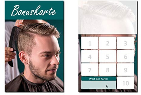 100 Stück Friseur Herren Bonuskarten (BOK-422) mit 10 Stempelfeldern. Treuekarten passend für Bereiche wie Frisör, Kosmetik, Haarpflege