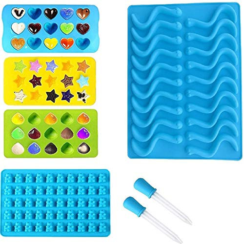 LANGING 5 moldes de silicona para caramelos, gusanos, osos, corazones, estrellas, conchas para hacer gomitas, caramelos, gelatina, chocolate
