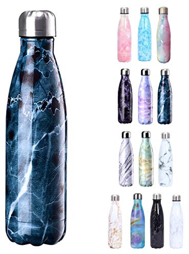 JK Home 500ml Bouteille d'eau en Acier Inoxydable Gourdes Isothermes Réutilisable Marbre Bleu Marine