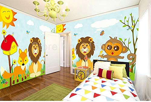 WLLLO Papel pintado 3D personalizado dormitorio Animal de dibujos animados León mono pájaro decoración de pared tela pintura Mural, 250x175 cm (98.4 by 68.9 in)