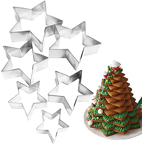 6 Pieces Star Cookie Cutters, 3D Christmas Tree Cookie Cutter Set, 4th of July Cookie Cutters, Assorted Sizes Stainless Steel Star Shapes, Molds for Making Biscuit Molds Fondant Decorations