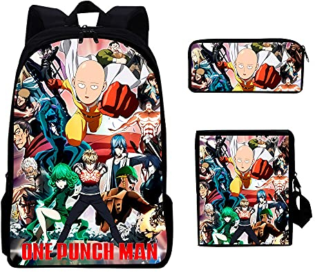 Xinchangda One Punch Man Rucksack-Set, Anime-Charaktere, 3D-Druck, Rucksack, 3-teilig, Schulranzen, Kuriertasche, Federmäppchen für Studenten, Jungen, Mädchen, Typ A