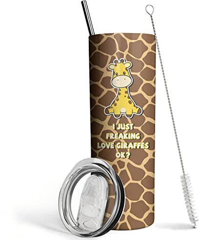 Giraffe Tumbler With Lid and Straw - Unique Gifts for Women, Men, Girls - Cute Skinny Cup Water Bottle Coffee Mug - Metal Thermal Insulated 20 Oz